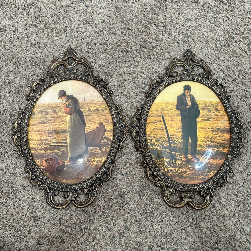 Vintage Jean-Francois Millet Set 2 The Angelus Gold‎ Tone Ornate Gold Oval 12X17